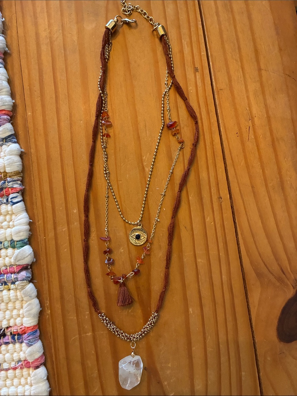 Layered Boho Brown and Gold Pendant Necklace with Clear Stone. NWT
